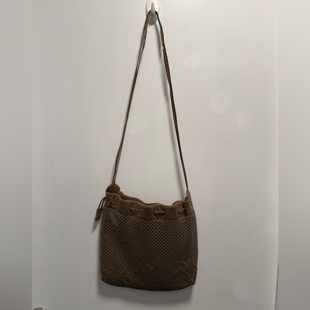 Vintage Whiting and Davis Brown Metal Mesh Leather Cinch Bucket Crossbody Purse